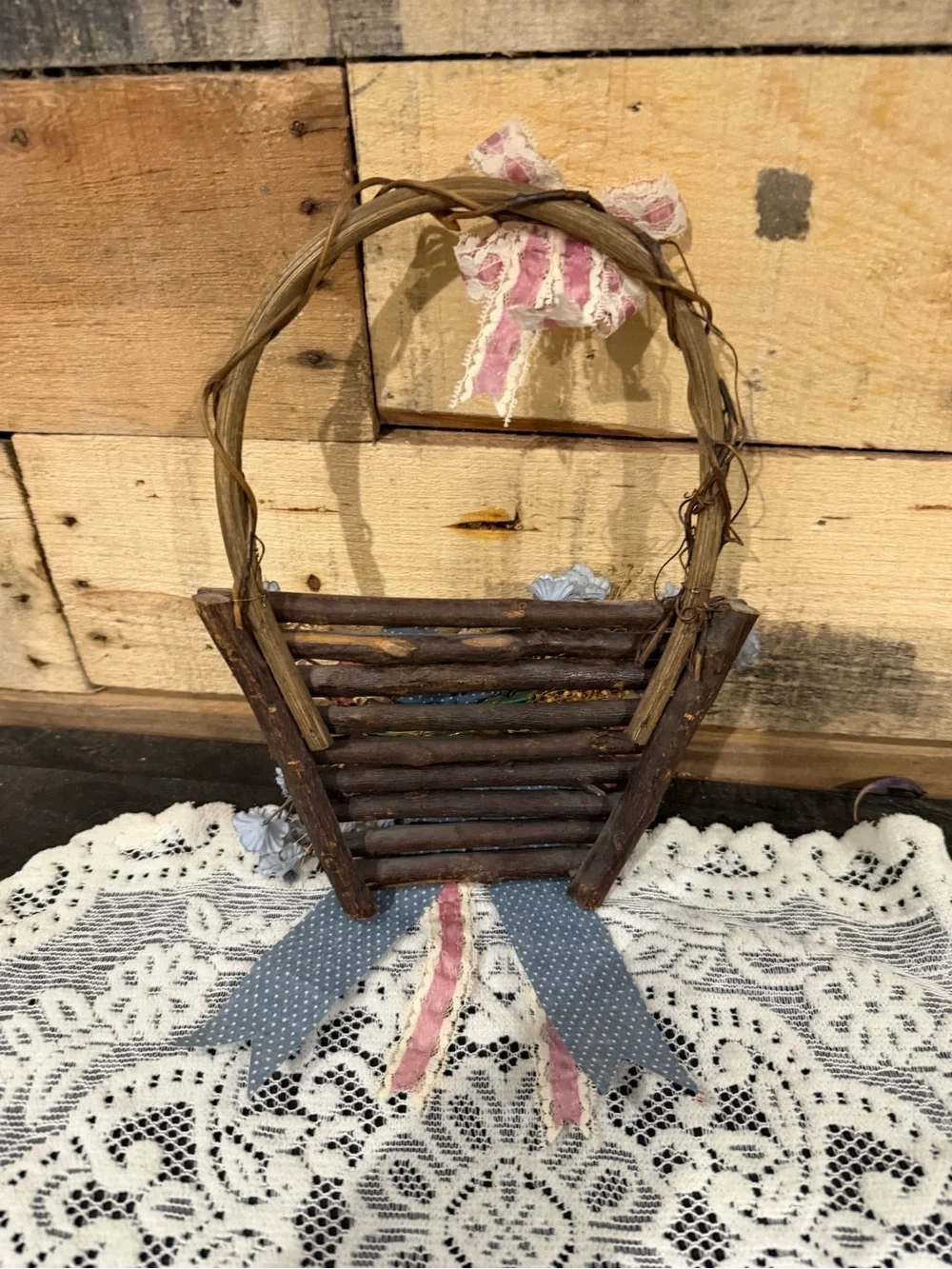Rustic Wicker Hanging Basket with Blue Ribbon & Bird Accent